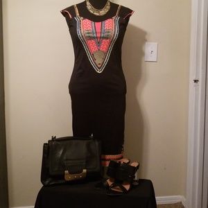 African Print Bodycon Dress w/Cap Sleeves Blk Sz L